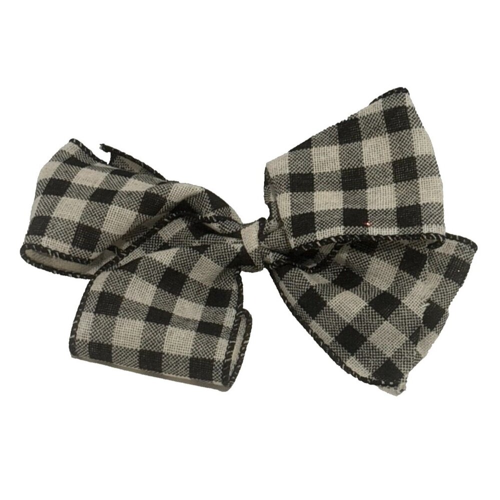 Handmade Ribbon Hair Bow Gingham Black White Checkered Christmas Dress Clip 7"